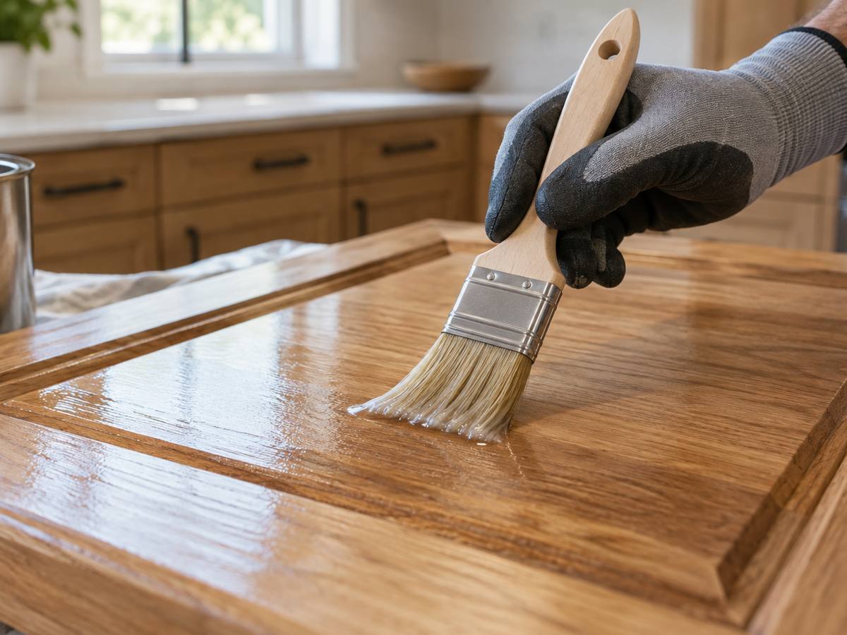 A brush lays clear coat along a stained wood cabinet door during refinishing work.