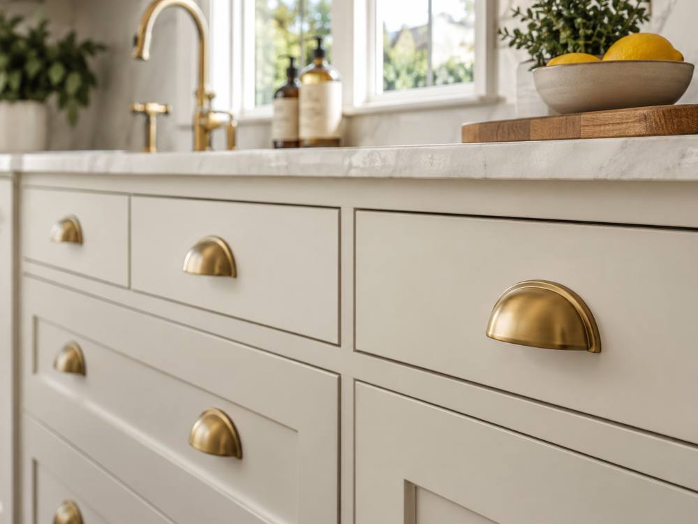 Brass cup pulls on cream painted drawer fronts beside a brass faucet
