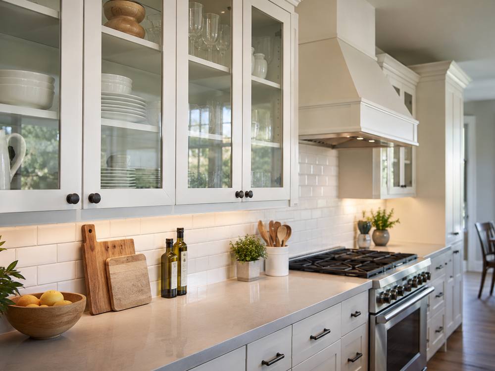 White glass-front upper cabinets with black knobs above a tiled backsplash
