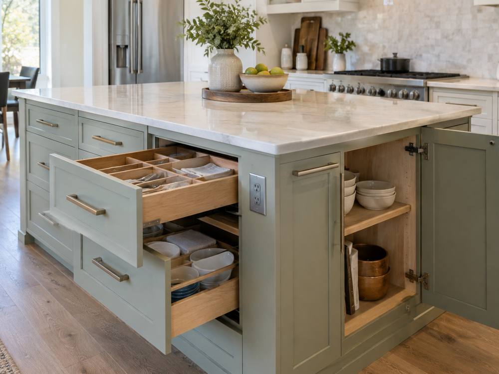 Sage green island with a drawer pulled out and a cabinet door open