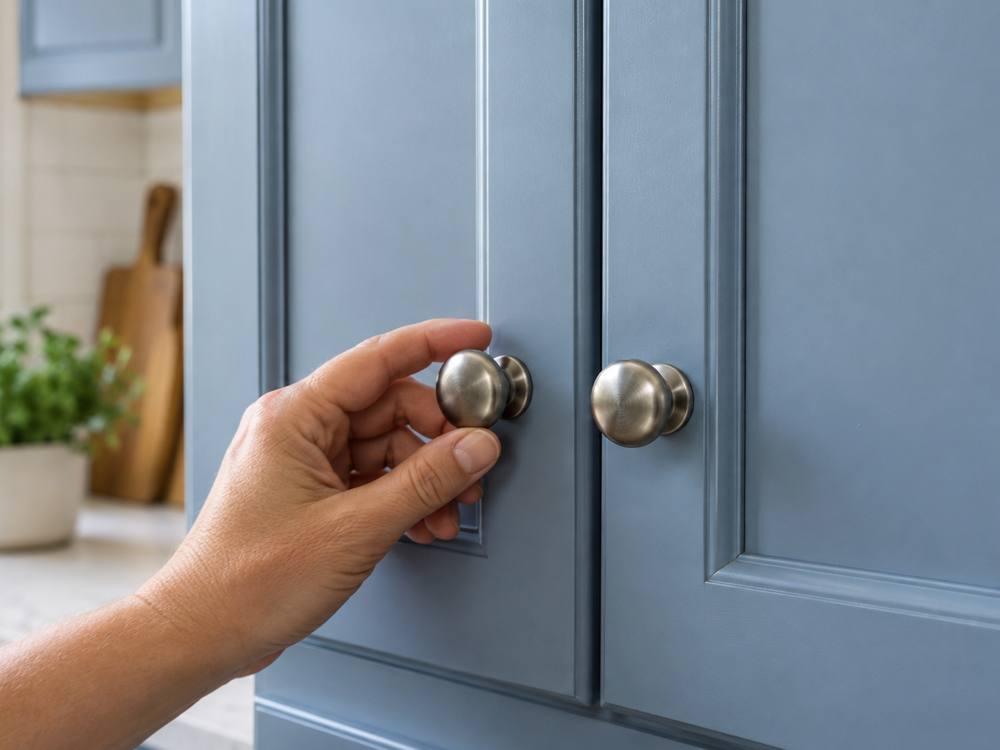 A hand turns a brushed nickel knob on blue-grey painted cabinet doors