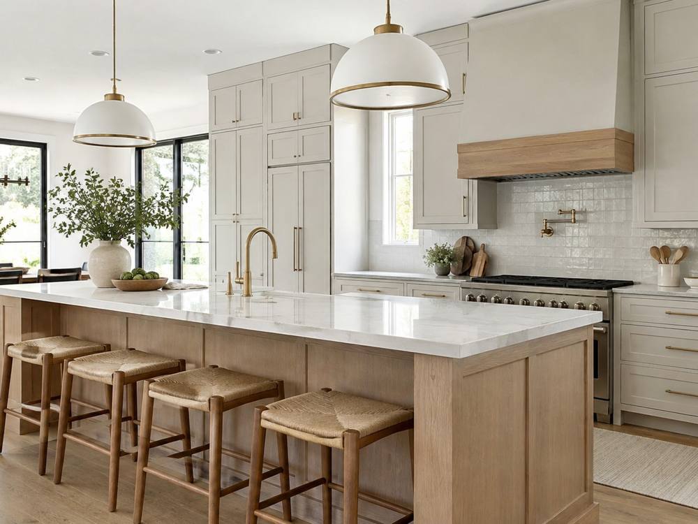Open-plan kitchen with greige cabinets, a wood island and rattan stools