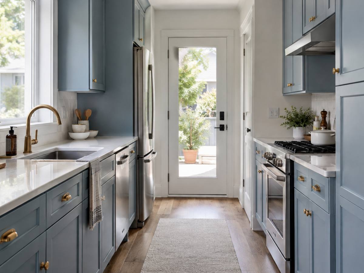 A blue-grey painted galley kitchen with the doors rehung after spraying in Oshawa.