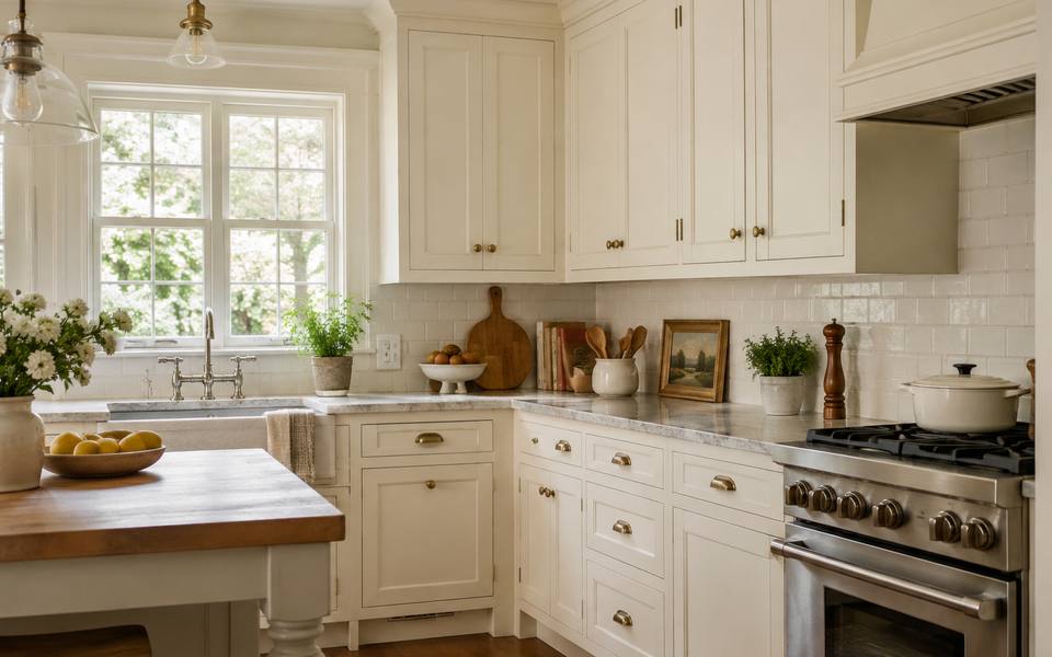 A cream painted cottage-style kitchen sits under warm wood countertops.