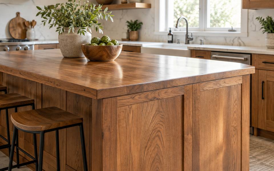 A restored wood island with stools sits in the middle of a white kitchen.