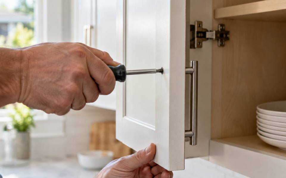 A drill drives the screw of a new handle through a cabinet door.