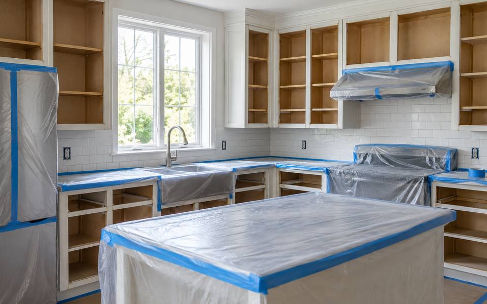 Plastic sheeting and tape seal off a kitchen whose doors have all been taken away.