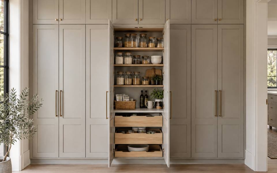 Light grey painted pantry cabinets stand open to show pull-out shelves inside.