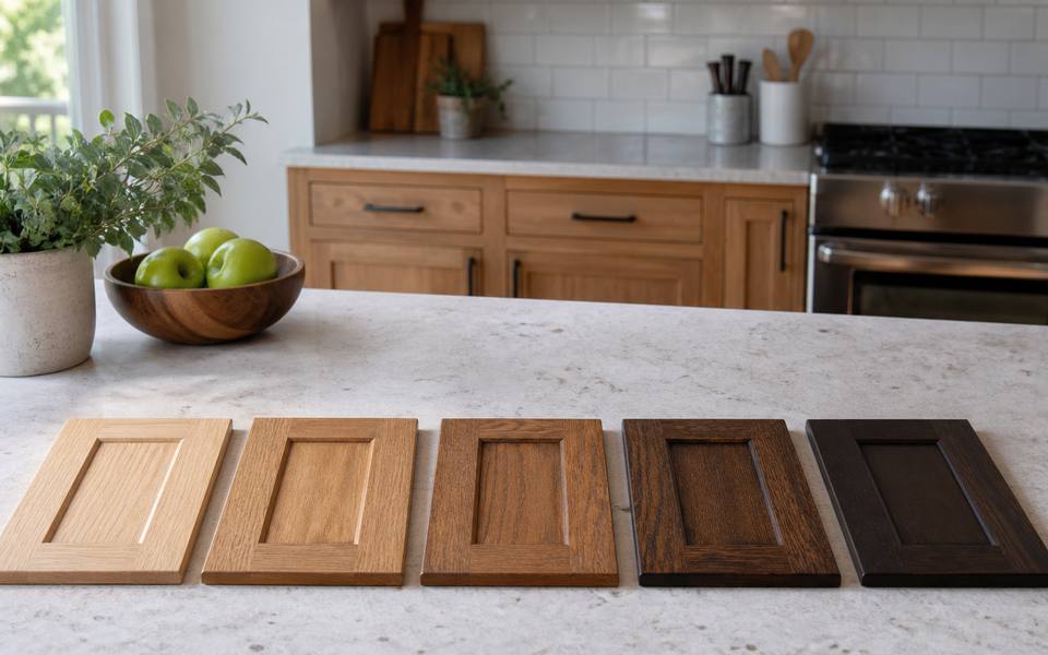 Stain sample boards are laid out across a counter for comparison in daylight.