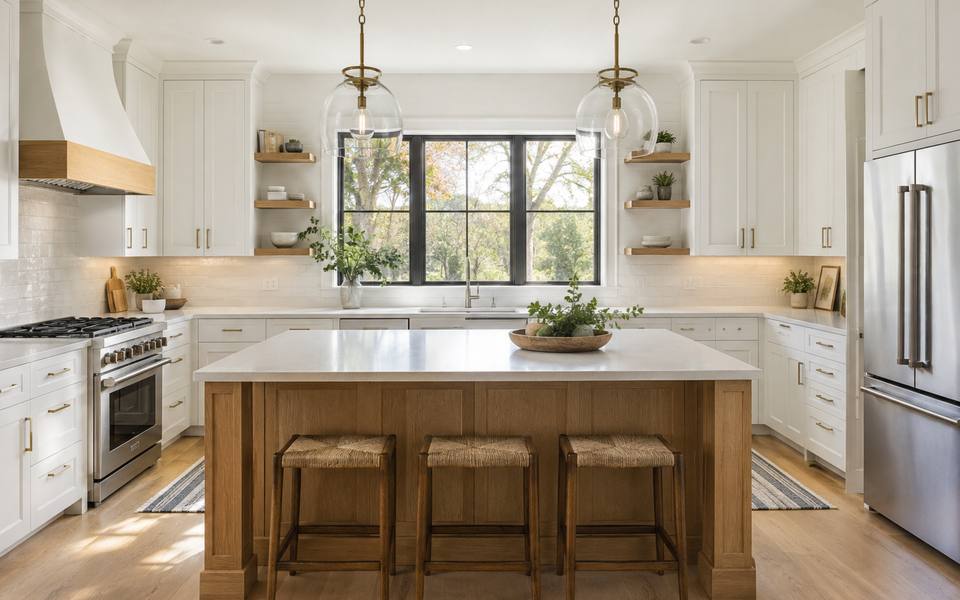 A cream remodelled kitchen built around a large island with seating on one side.