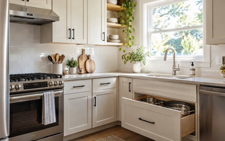 A compact white kitchen fitted along one wall of a small home.