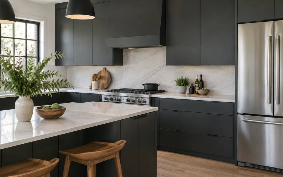 A charcoal grey slab-front modern kitchen is broken up by warm wood accents.