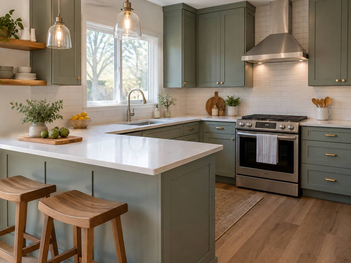 A small kitchen with a breakfast bar and two stools pulled up to it.